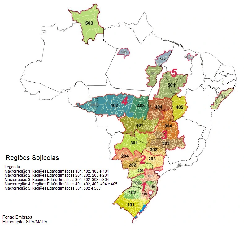 Mapa de Regiões Sojícolas e Edafoclimáticas do Brasil para soja - Embrapa e MAPA